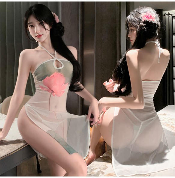FEE ET MOI - Elegant Lotus Sheer Cheongsam Dress (White)